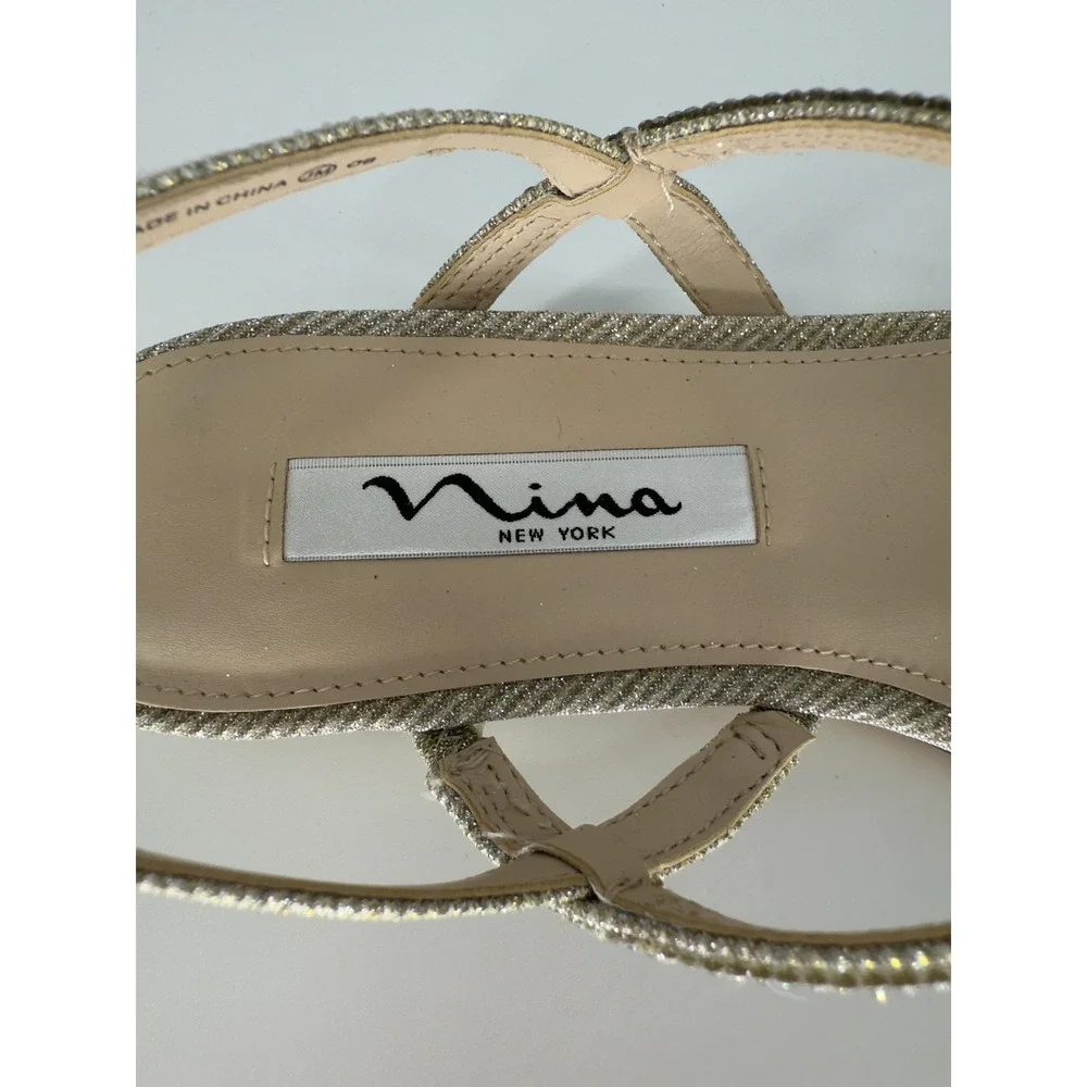 Nina New York Dress Sandals Womens Size 6.5 Gold Rhinestone Slingback‎ Low Heel